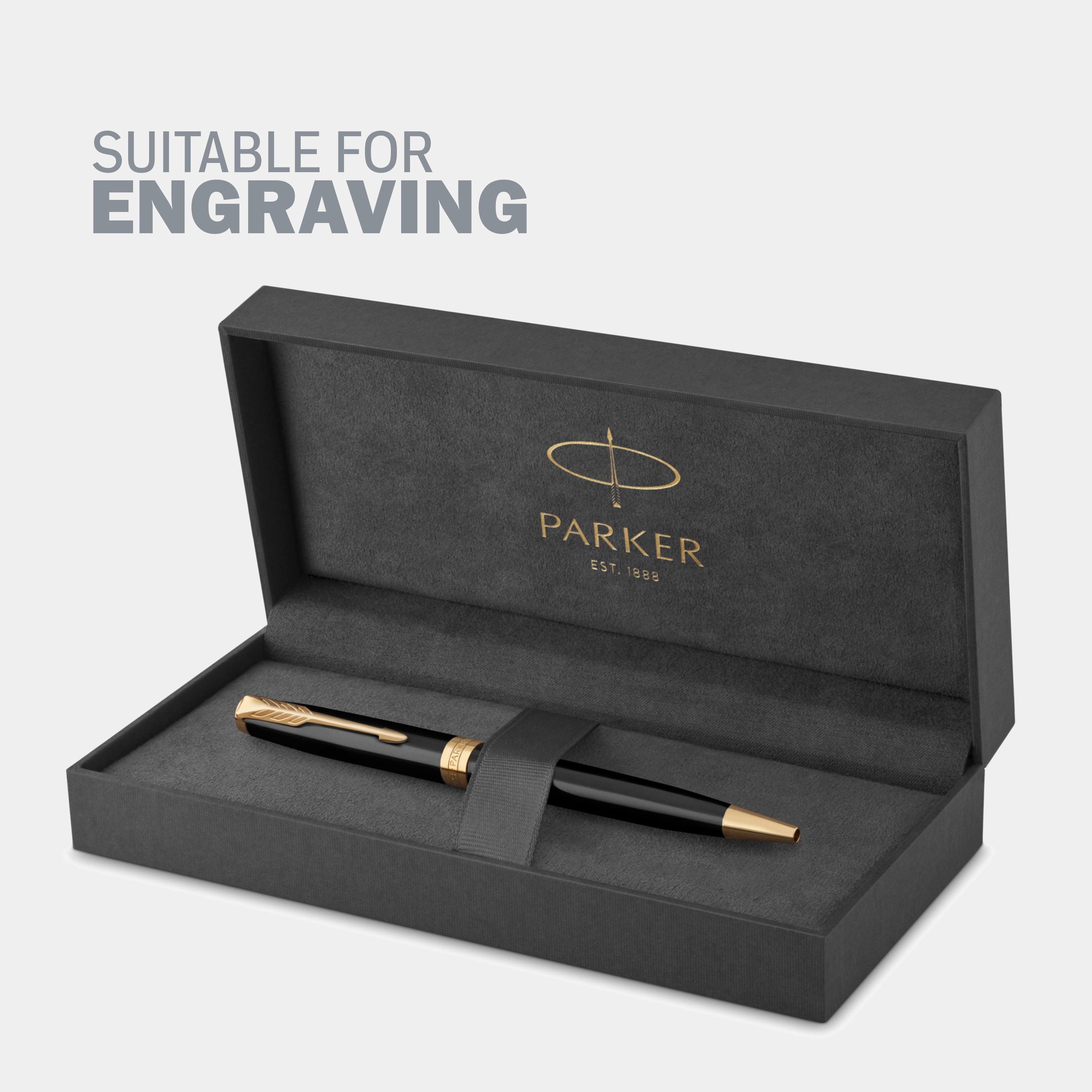 Parker Sonnet Black Lacquer gold trim ballpoint pen suitable for engraving personalisation.