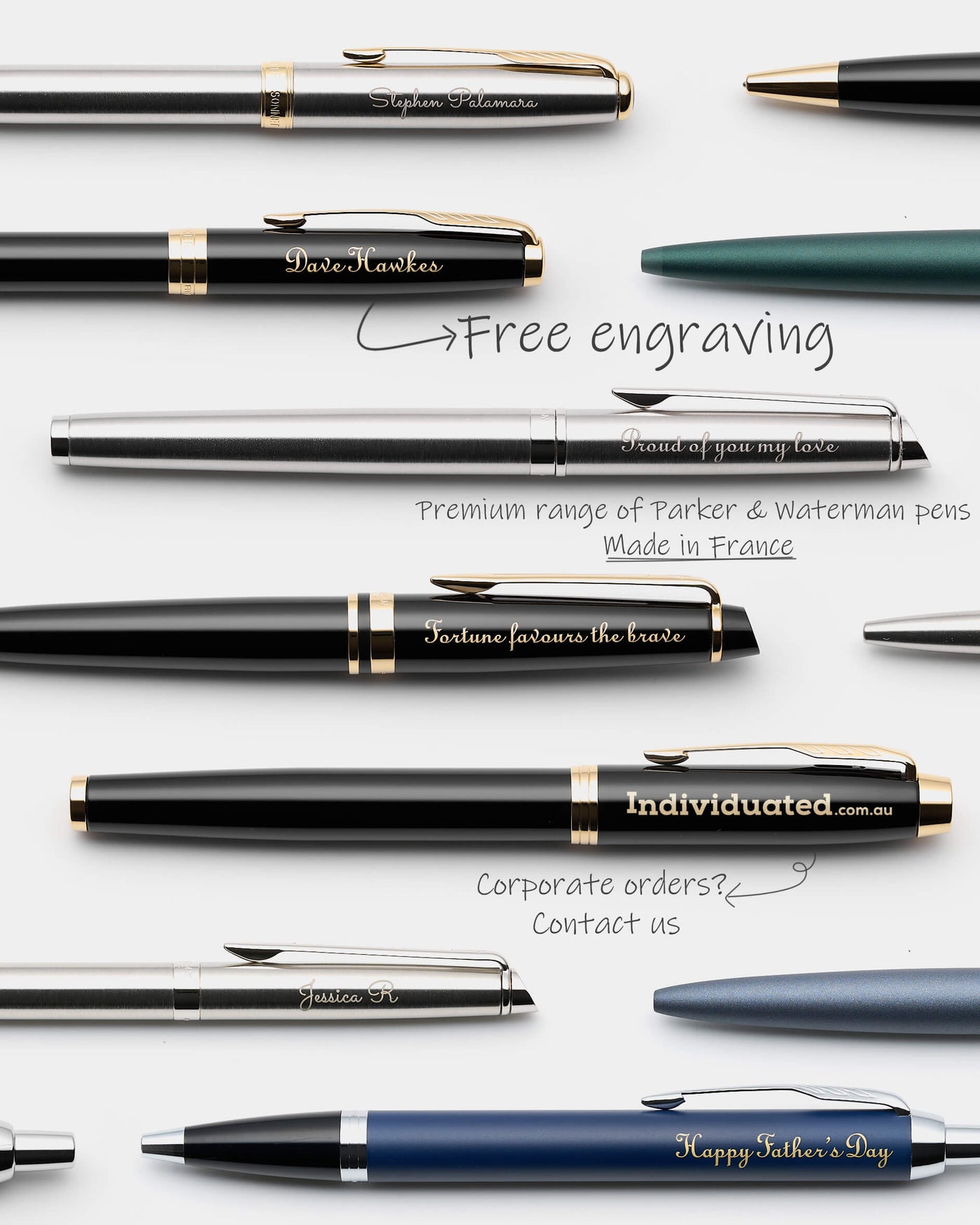 Engraved Parker pens and Waterman pens with free personalisation engraving, corporate promotional pens
