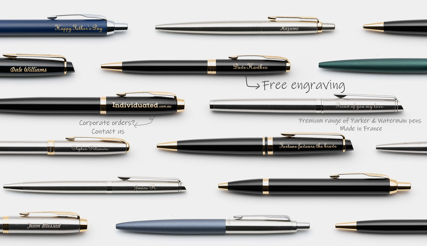 Personalised Parker and Waterman pens with custom name engraving, suitable for corporate promotional pens